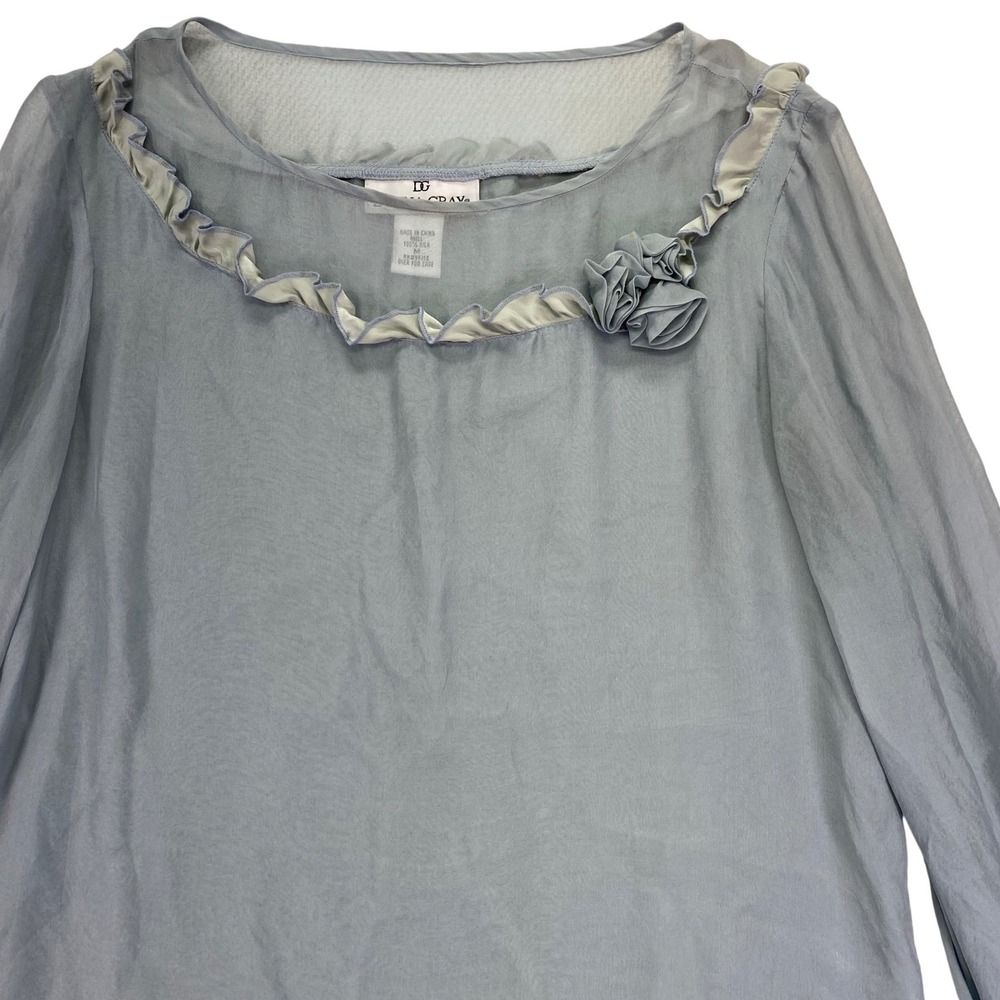 Donna Gray Silk Blouse Womens M Blue Ruffle Rosette Sheer Bell Sleeve Top